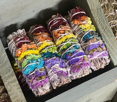 Rainbow Smudge - White Sage & Rainbow Paper Flower Smudge, 3-4"