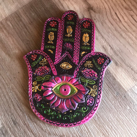 Hamsa Incense Holder | gold, green, and bright pink